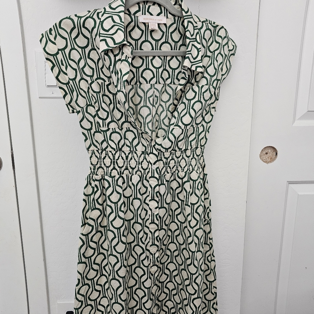 Monteau Green and Cream Geometric Midi Dress